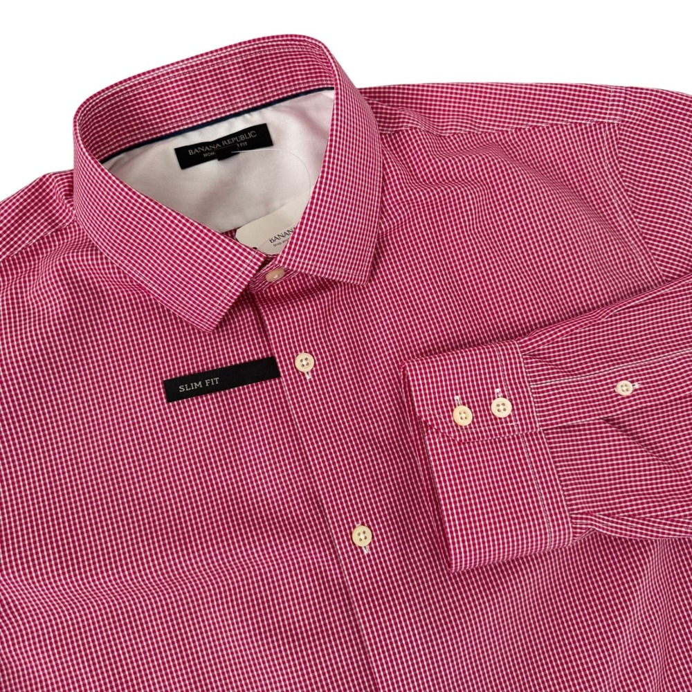 Banana Republic XL Red Check Slim Fit Non-Iron Cotton Men's Dress Shirt NEW